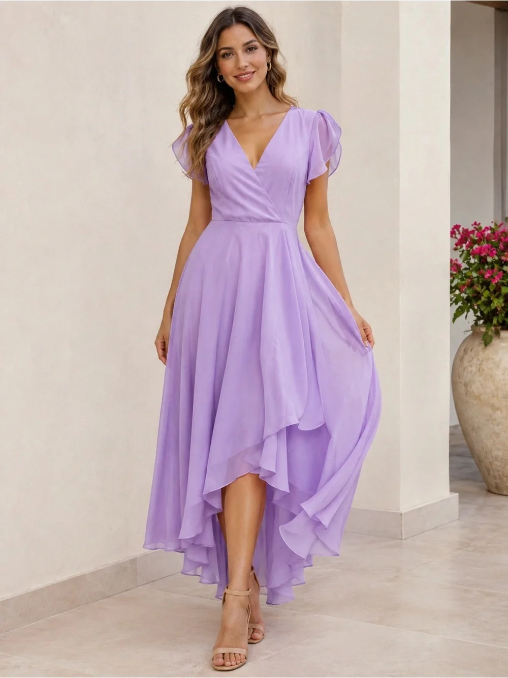 Lulu's Lilac V-Neck High-Low Chiffon Dress